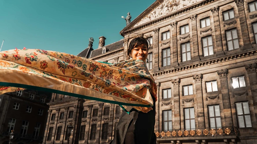 Model flaunts colourful Indian scarf at portrait session in Amsterdam, The Netherlands